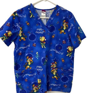 Disney Winnie the Pooh Holiday Scrub Top Women's Size Small‎ Blue